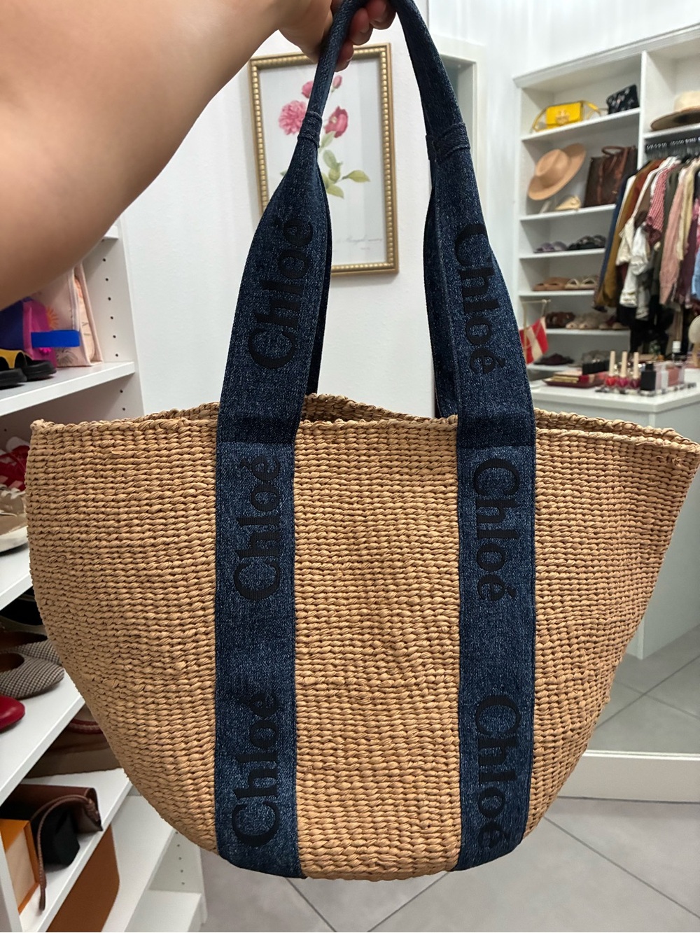 Authentic CHLOE Tan Woven Straw Tote with Navy Denim Logo Straps